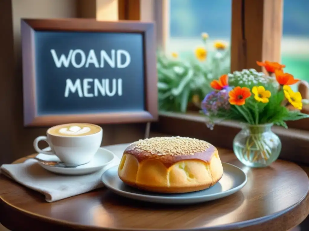 Un rincón acogedor en una encantadora cafetería sin gluten recomendada, con mesa de madera, café artesanal, pastelería sin gluten y flores silvestres