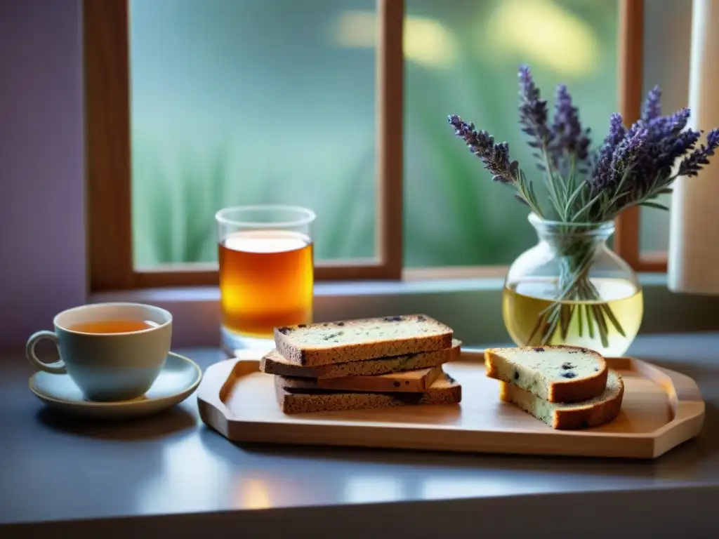 Un rincón acogedor con infusiones para dieta sin gluten: taza de té, biscotti de almendra y libros de recetas, bañados por la luz matutina