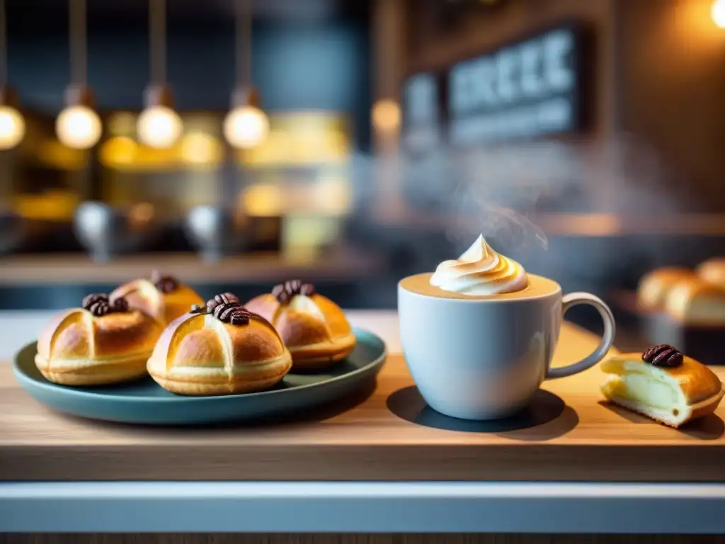 Un rincón acogedor en una moderna cafetería sin gluten innovadora, con exquisitos pasteles sin gluten y café aromático en elegantes tazas artesanales