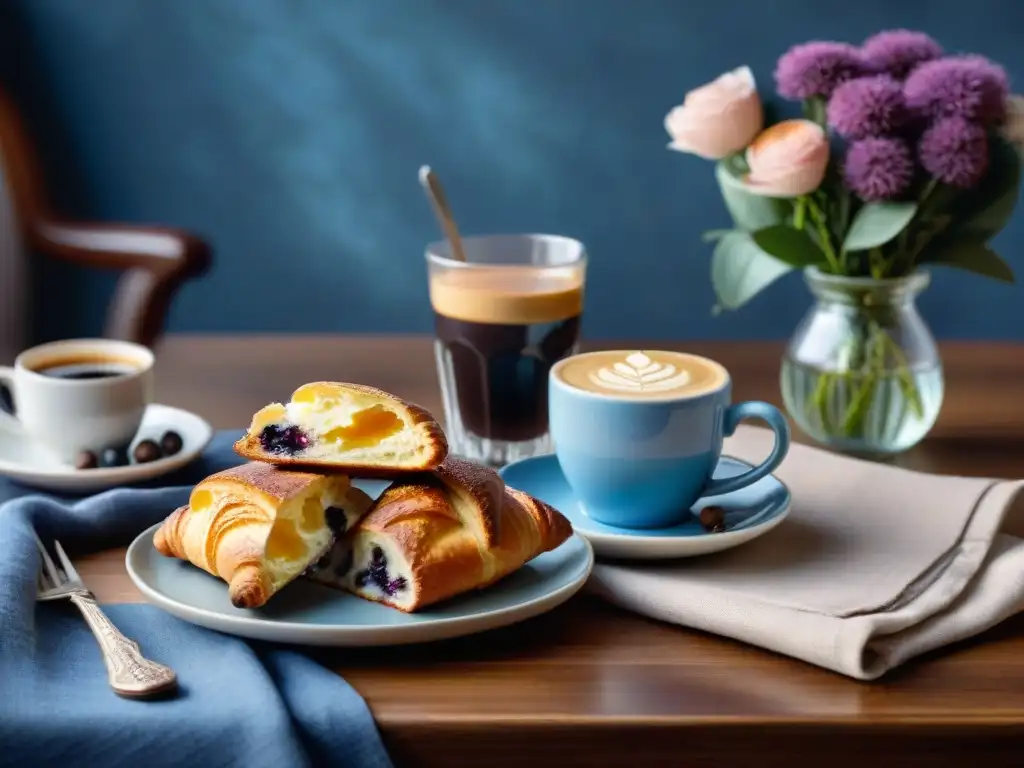 Un rincón acogedor con opciones sin gluten para café: taza humeante, croissant de almendra, muffin de arándanos y galletas de chocolate