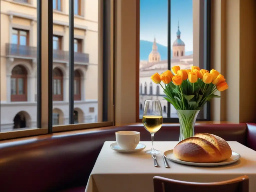 Un rincón acogedor en un restaurante sin gluten en Zaragoza, con mesa elegante y platos exquisitos, decoración cálida y vistas a la ciudad