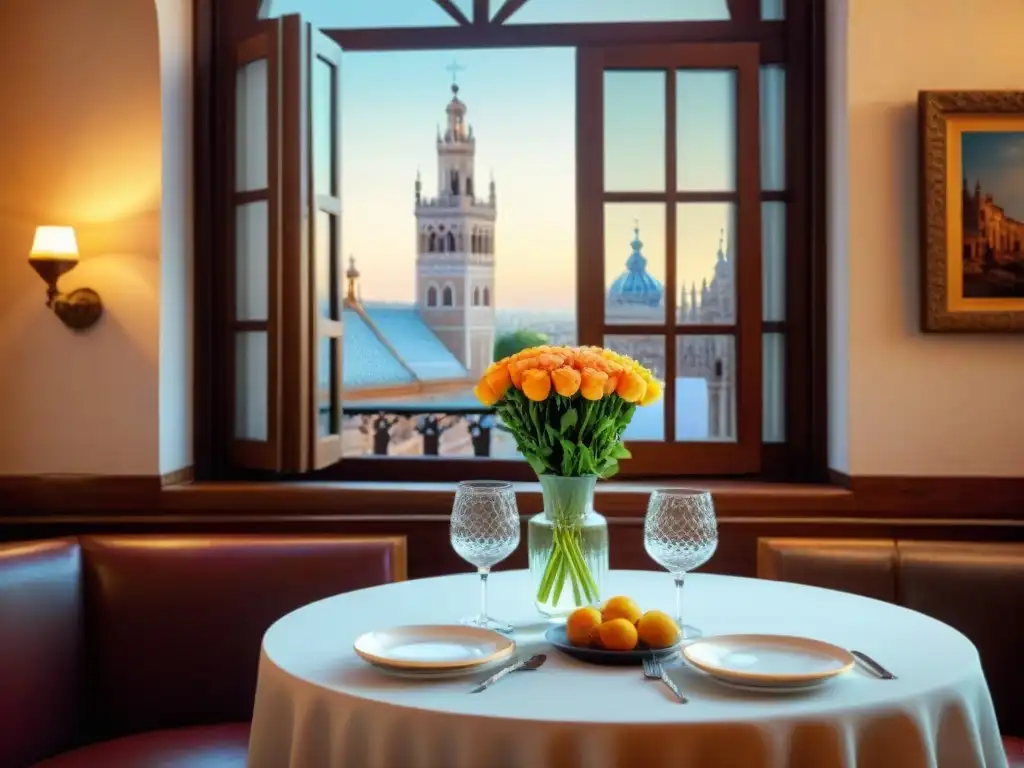 Un rincón acogedor en un restaurante sin gluten en Sevilla, con mesa elegante, flores frescas y vista a la Giralda