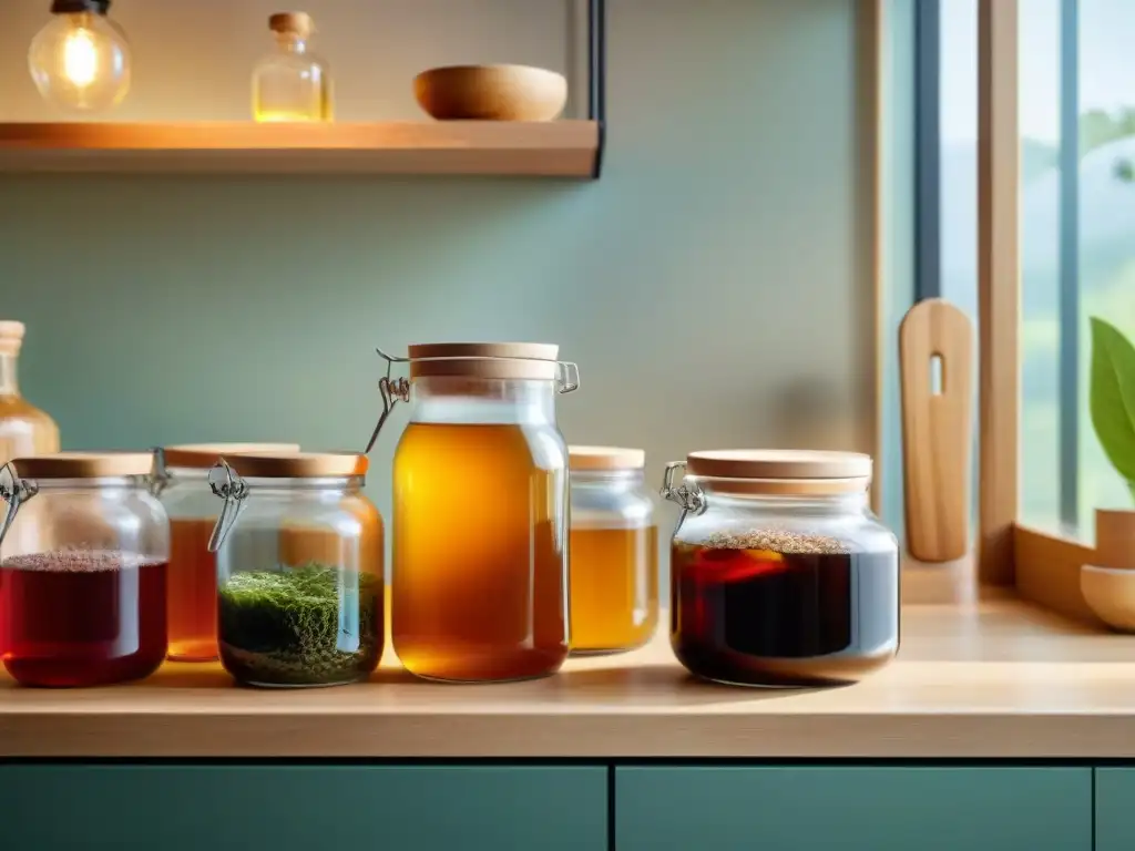 Un rincón armonioso y listo para fermentar kombucha, con equipamiento para hacer Kombucha meticulosamente organizado bajo la luz del sol