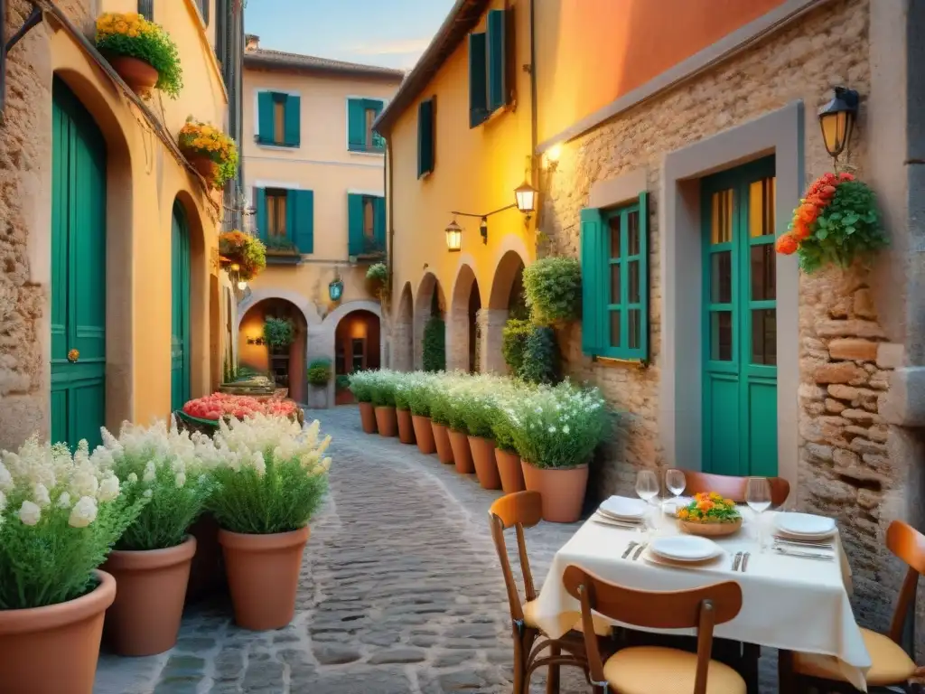 Un rincón encantador de una trattoria italiana al aire libre, con platos sin gluten y ambiente acogedor al atardecer