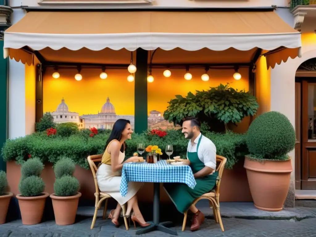 Un rincón encantador en una trattoria italiana en Roma, con platos sin gluten y ambiente acogedor al atardecer