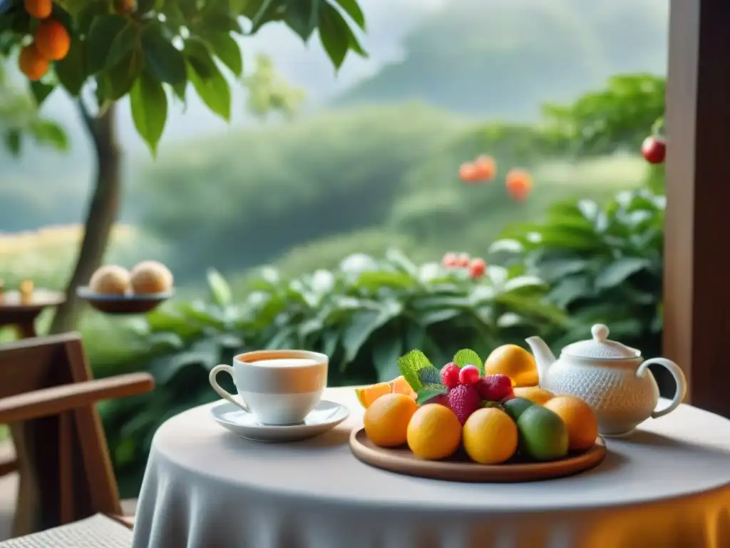 Un rincón sereno al aire libre con mesa lista para dos, frutas frescas, bollería sin gluten y té