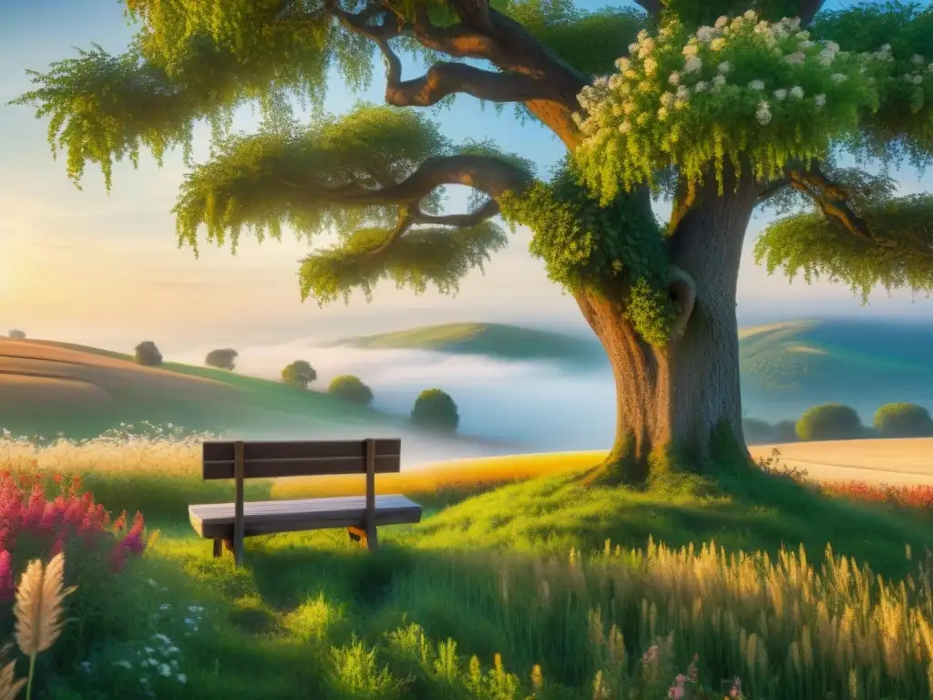Un rincón sereno en el campo: un banco de madera bajo un árbol florecido, frente a un campo de trigo dorado