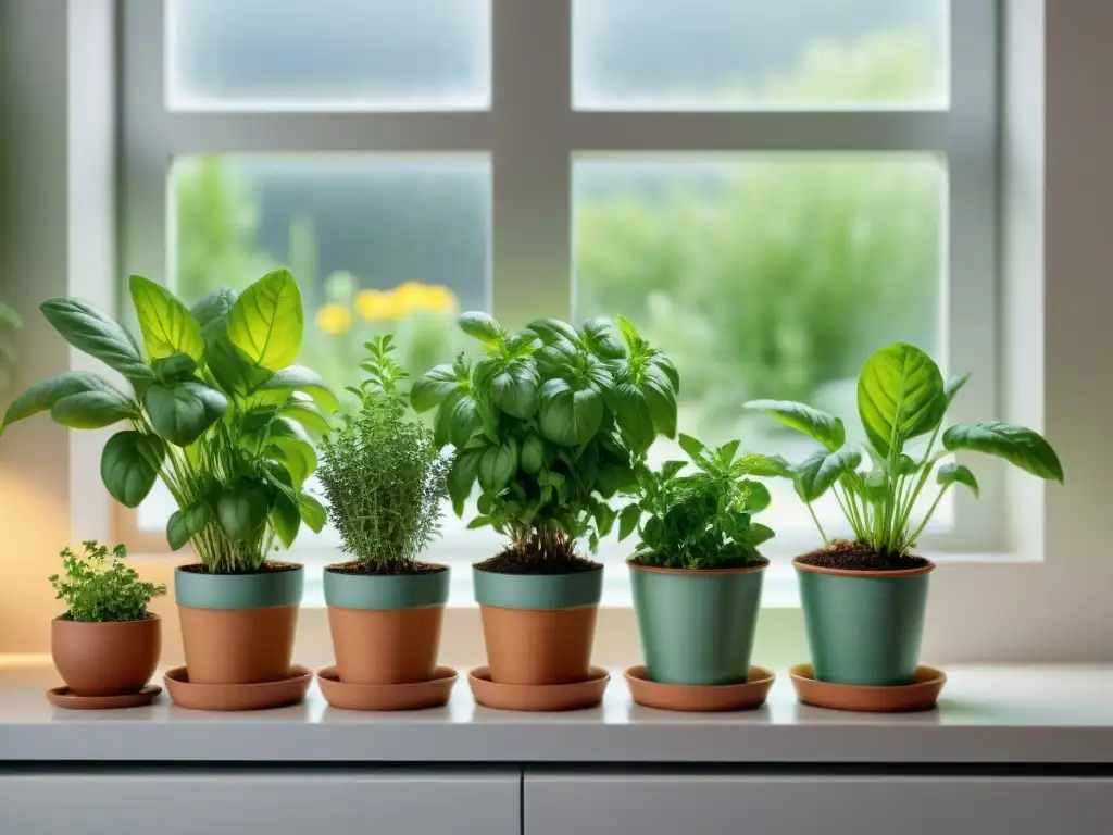 Un rincón soleado de la cocina con macetas coloridas de hierbas frescas, listas para cultivar especias sin gluten en casa