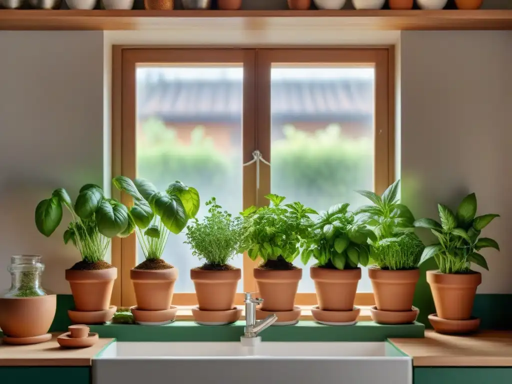 Un rincón soleado de la cocina rebosante de vida, con terracotas llenas de hierbas frescas cultivar especias sin gluten en casa