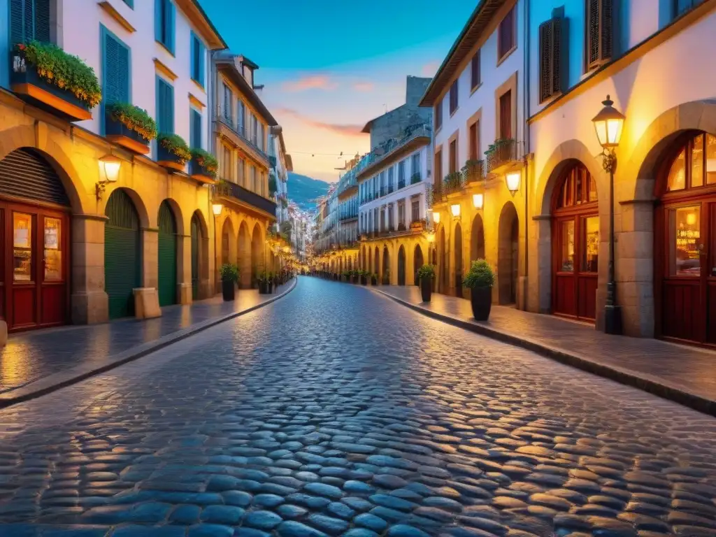 Rincones sin gluten en San Sebastián: Calle empedrada con bares de pintxos y ambiente animado, con la Catedral al fondo