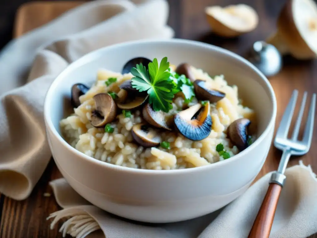 Un risotto de champiñones sin gluten fácil, cremoso y tentador en un plato blanco sobre una mesa rústica acogedora