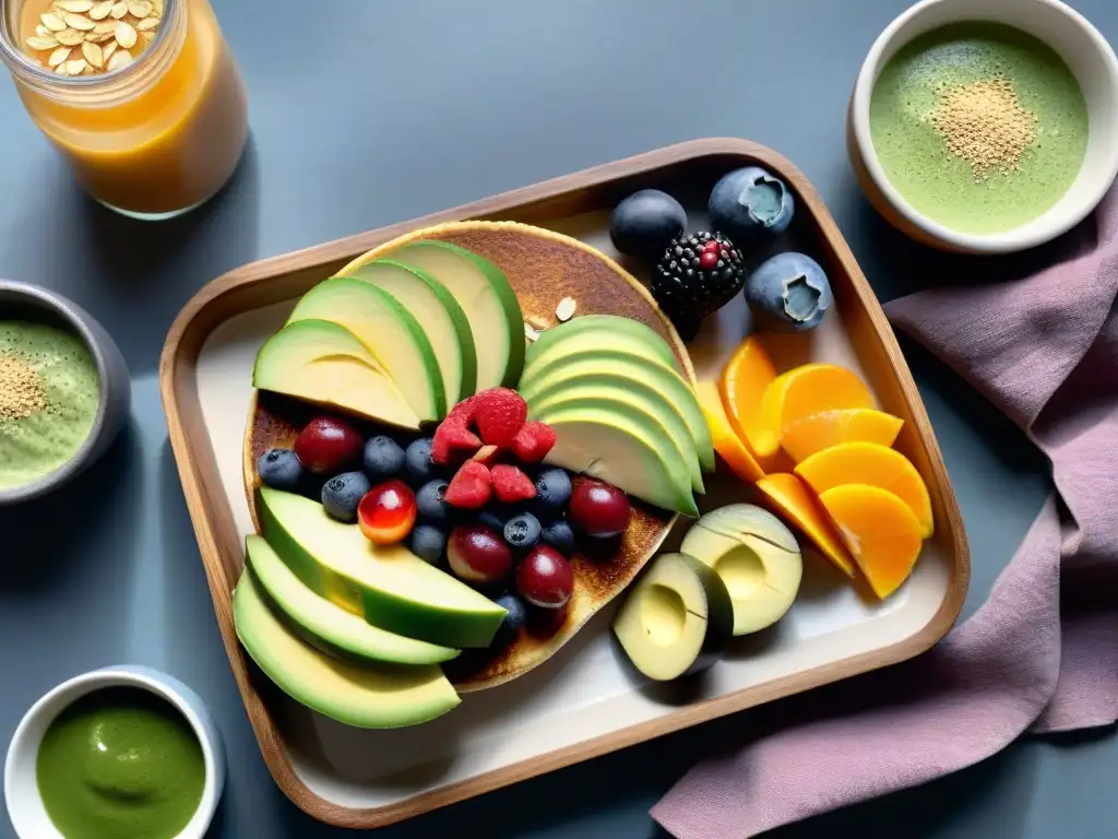 Disfruta de rituales comida sin gluten innovadores con acai bowl, pancakes, matcha latte y avocado toast en bandeja de madera al sol matutino