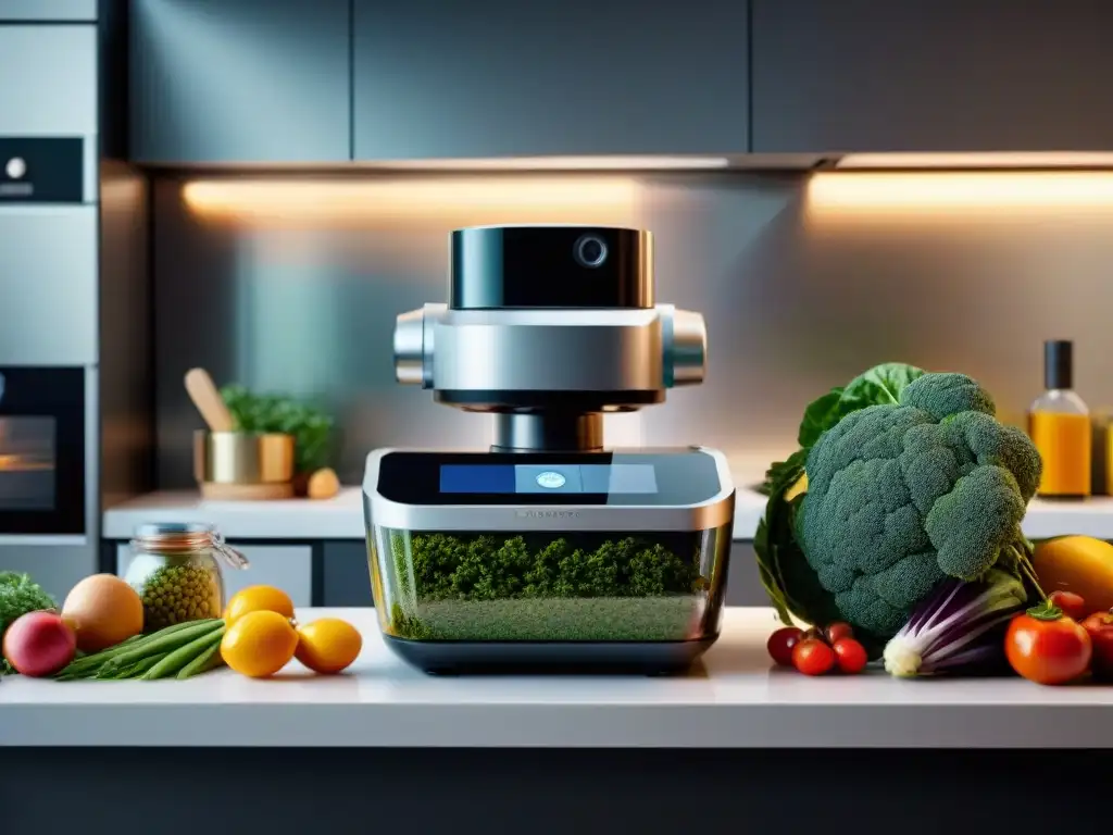 Un robot de cocina de alta gama preparando recetas sin gluten en una cocina moderna y elegante