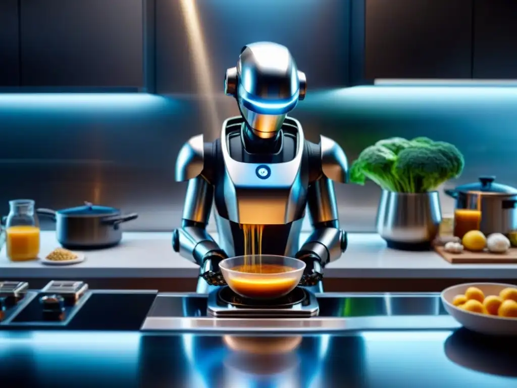 Un robot de cocina de alta tecnología prepara recetas sin gluten en una cocina moderna y elegante