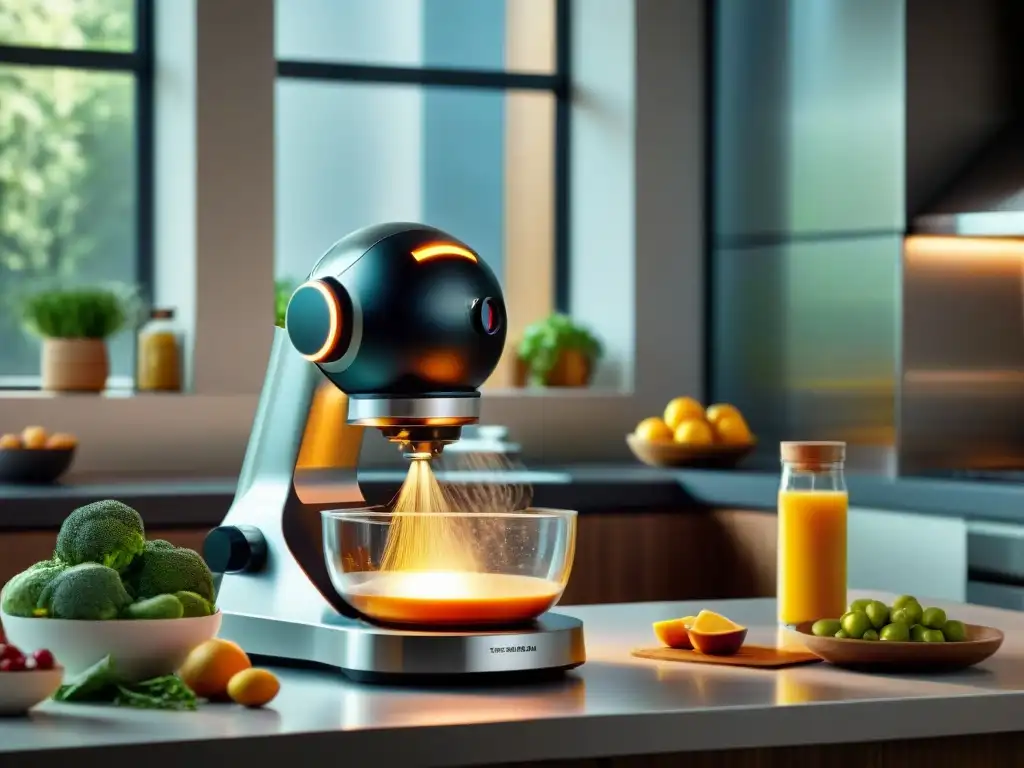 Un robot de cocina de alta tecnología preparando recetas sin gluten en una cocina moderna y luminosa