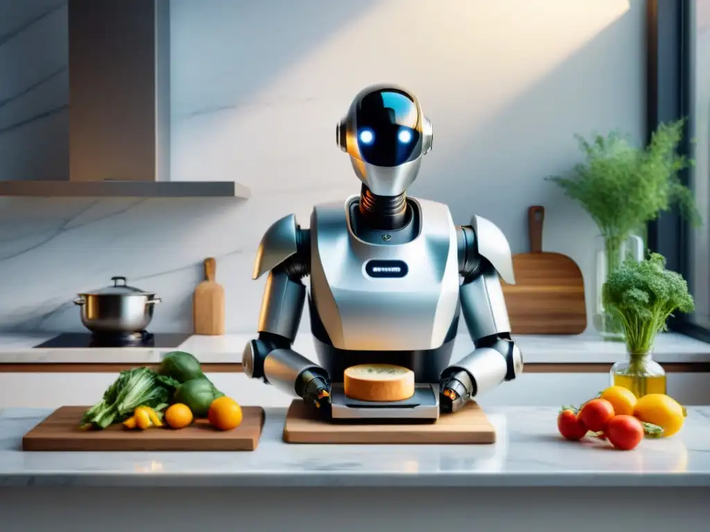 Robot de cocina de alta tecnología preparando una deliciosa comida sin gluten en una cocina moderna