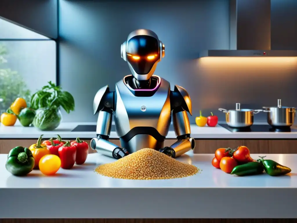 Robot de cocina sin gluten en cocina moderna con ingredientes frescos y coloridos