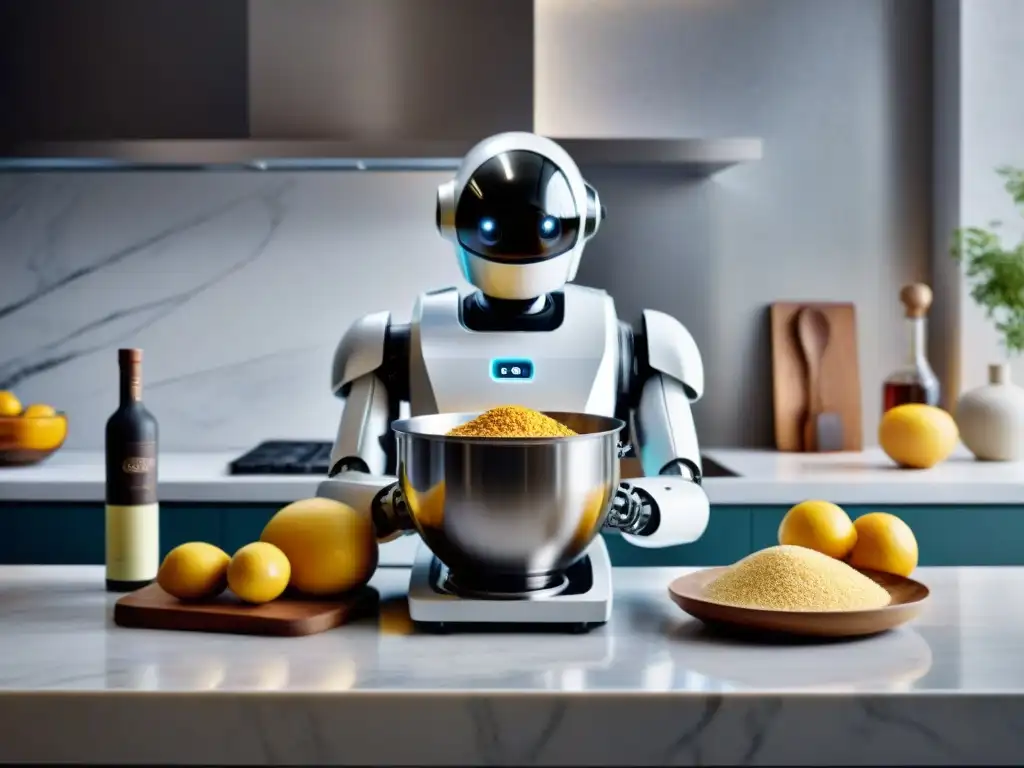 Un robot de cocina elegante mezcla ingredientes sin gluten en una cocina moderna y luminosa