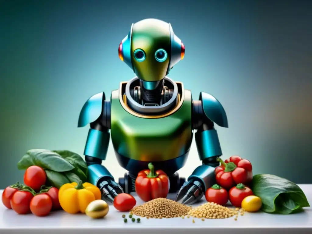 Un robot de cocina sin gluten rodeado de ingredientes frescos y coloridos