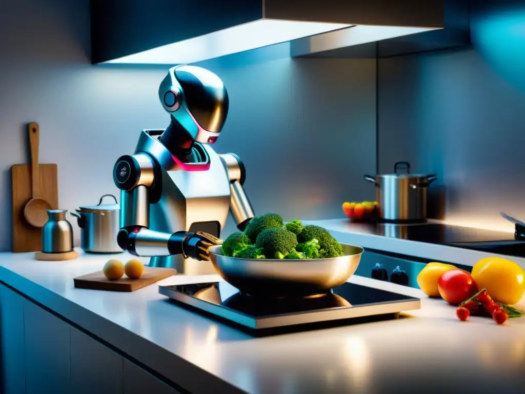 Un robot de cocina sin gluten prepara recetas sin gluten para robot en una cocina futurista y elegante