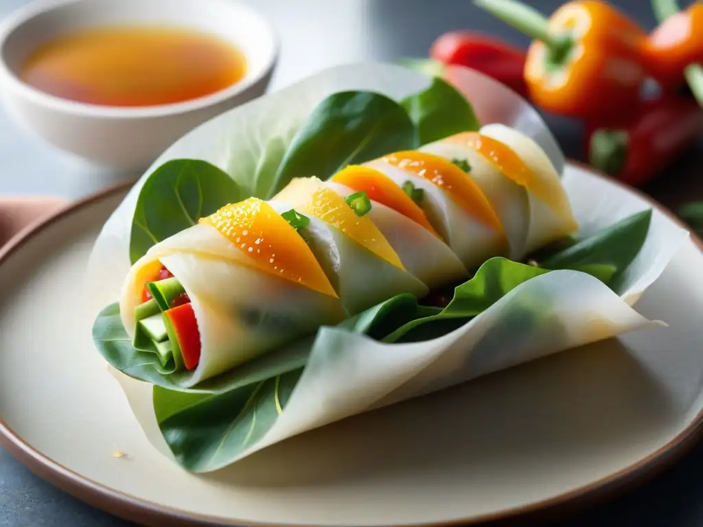 Un rollito de primavera sin gluten recién frito, dorado y crujiente, con verduras frescas y coloridas, listo para saborear