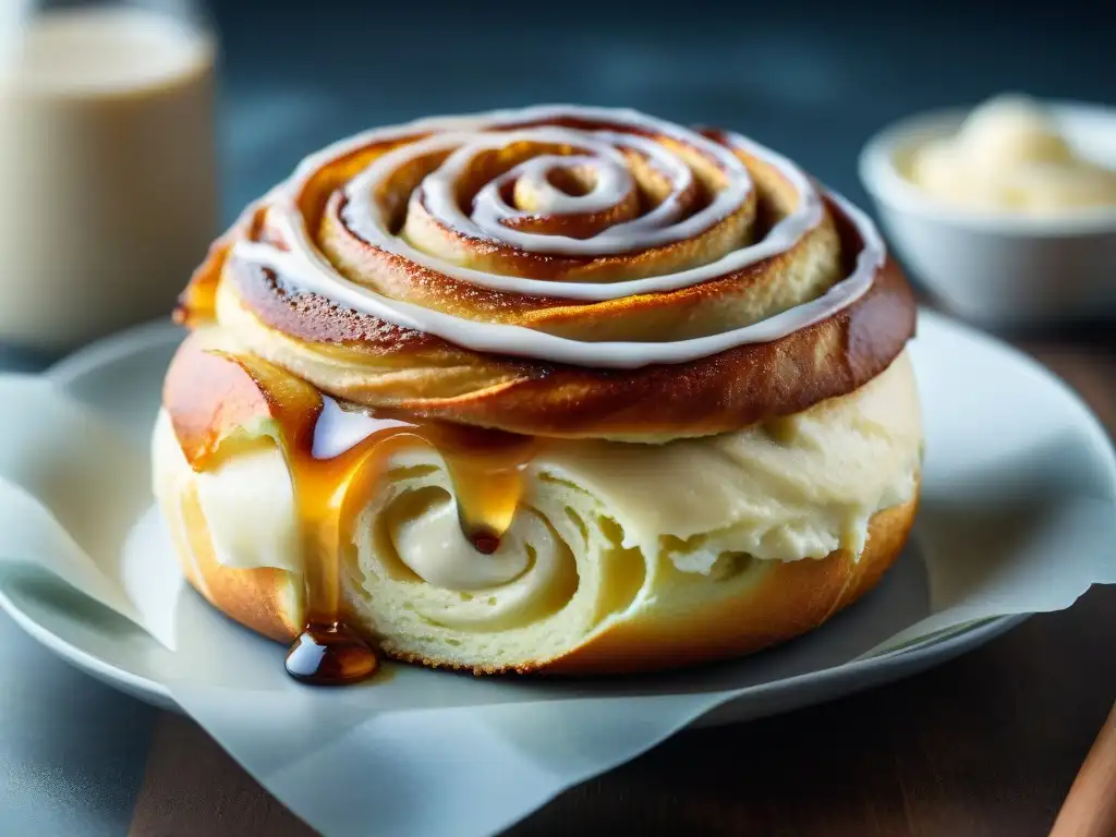 Delicioso rollo de canela sin gluten recién horneado Un rollo de canela sin gluten recién horneado, cubierto de glaseado, con vapor, listo para disfrutar