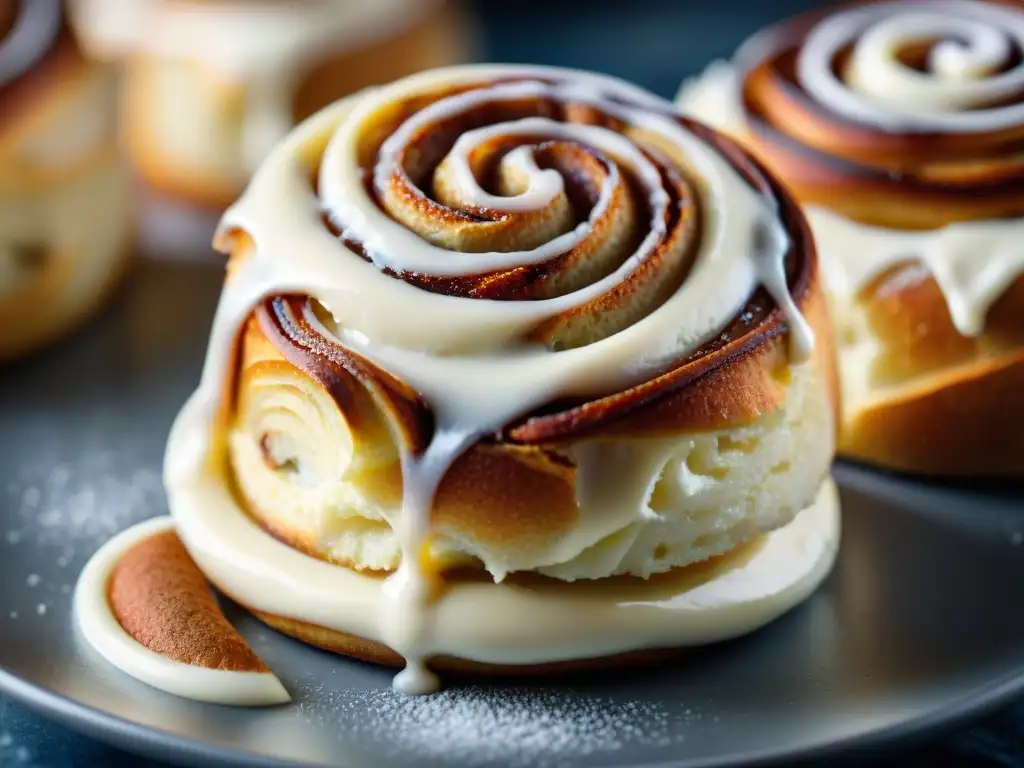 Delicioso rollo de canela sin gluten recién horneado Un rollo de canela sin gluten recién horneado, con generosa capa de glaseado