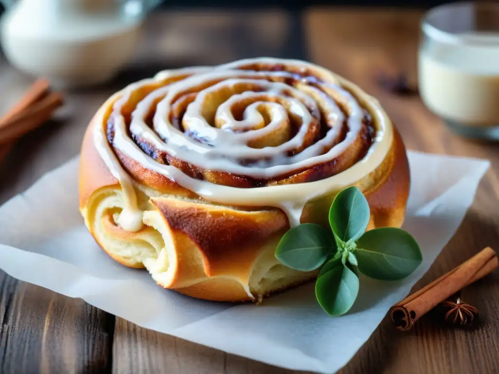 Delicioso rollo de canela sin gluten: irresistible tentación Un rollo de canela sin gluten recién horneado sobre una mesa rústica de madera, cubierto de azúcar glas, canela y glaseado de vainilla