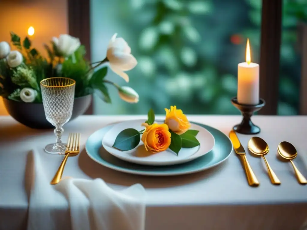 Romántica mesa para cena sin gluten con vajilla elegante, copas de cristal, cubiertos de plata y flores en tonos pastel, iluminada por velas