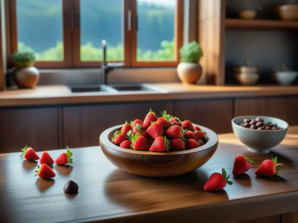 Rústica cocina con fresas rojas, chocolate y harina de castaña