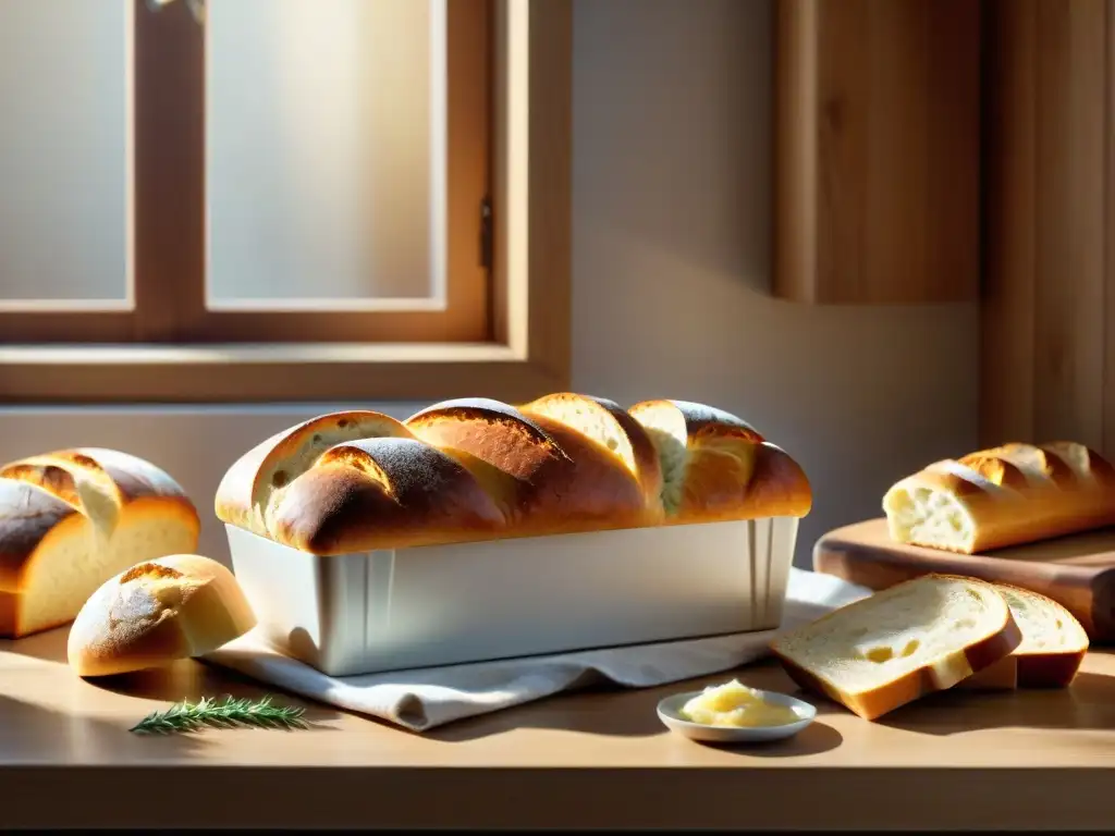 Un rústico almacenamiento de pan sin gluten fresco rebosante de pan recién horneado en una cocina soleada