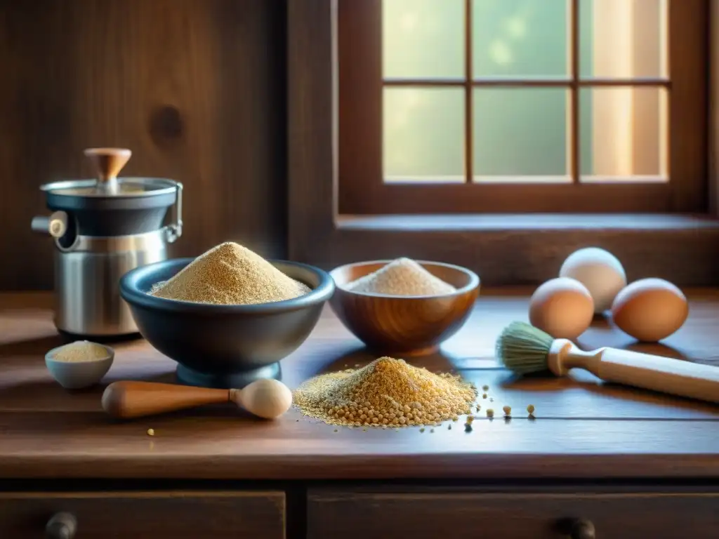 Un rústico escenario de cocina con harina de lentejas sin gluten, ingredientes frescos y un rodillo, iluminado por la luz del sol