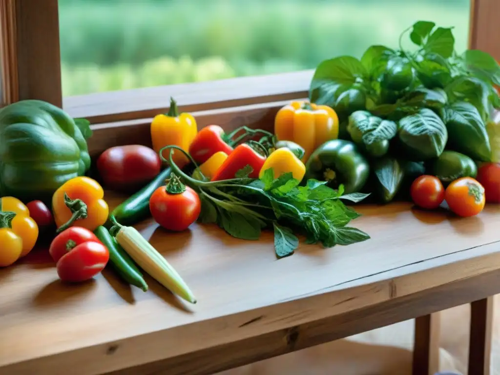 Mesón rústico con frutas y verduras de temporada