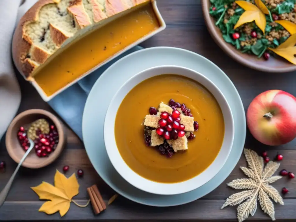 Mesón rústico con recetas otoño sin gluten saludables: sopa calabaza, ensalada quinoa, pan y pastel manzana canela