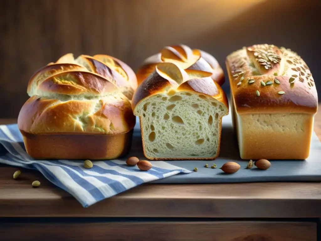 Potenciar sabores pan sin gluten: Variedad de panes sin gluten recién horneados, decorados y exhibidos en una mesa rústica