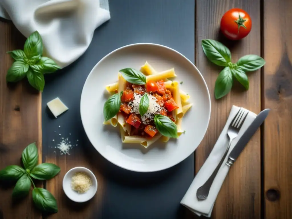 Sabrosa pasta sin gluten con salsa de tomate y albahaca, queso parmesano y pimienta en elegante plato blanco sobre mesa rústica de madera