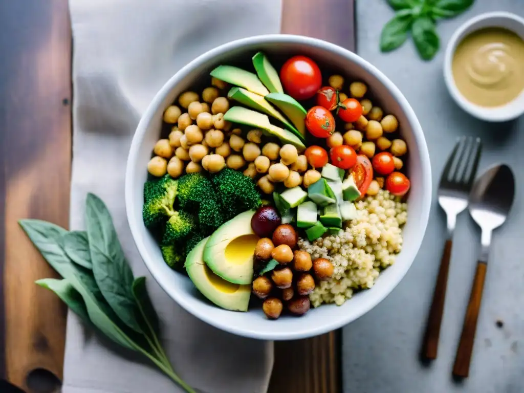 Un sabroso Buddha bowl con ingredientes saludables sin gluten en una mesa de madera rústica