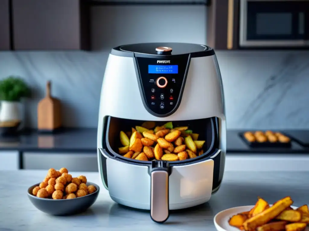 Sabrosos snacks sin gluten en freidoras: variedad de crocantes bocadillos dorados en un moderno y elegante air fryer sobre encimera de mármol