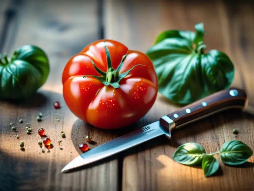 Salsas de tomate sin gluten: Tomate maduro rojo y jugoso, con semillas frescas y gotas de agua, sobre mesa de madera rústica con hojas de albahaca