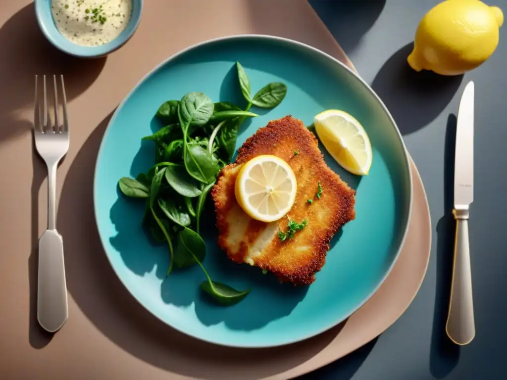 Schnitzel sin gluten receta: Delicioso plato de Schnitzel dorado con ensalada fresca y limón en plato cerámico moderno