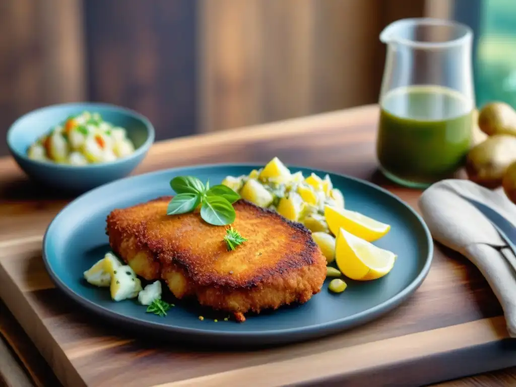 Schnitzel sin gluten receta: Delicioso milanesa dorado en plato de madera rústico con hierbas frescas y ensalada de papas casera, en cocina acogedora