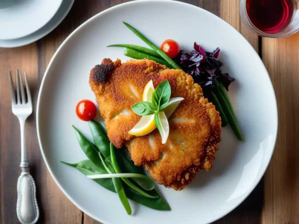 Schnitzel sin gluten receta: Schnitzel crujiente, jugoso, acompañado de ensalada colorida y vinagreta, en elegante plato blanco sobre mesa rústica