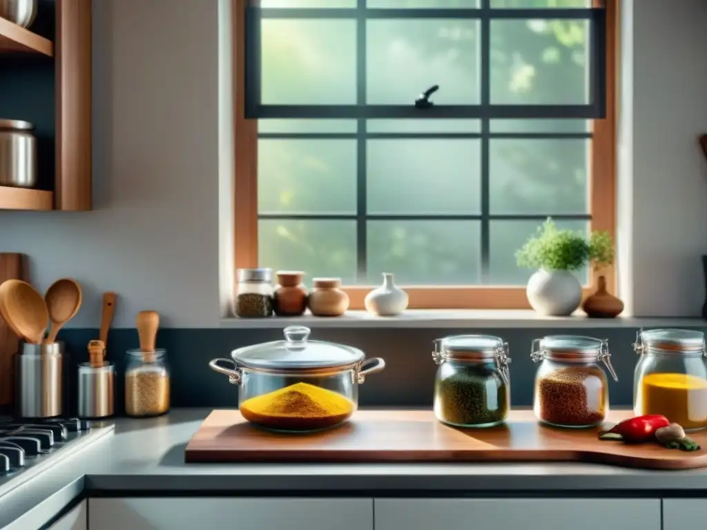 Organización cocina sin gluten segura: Cocina impecable con utensilios de acero inoxidable, especias coloridas y platos blancos