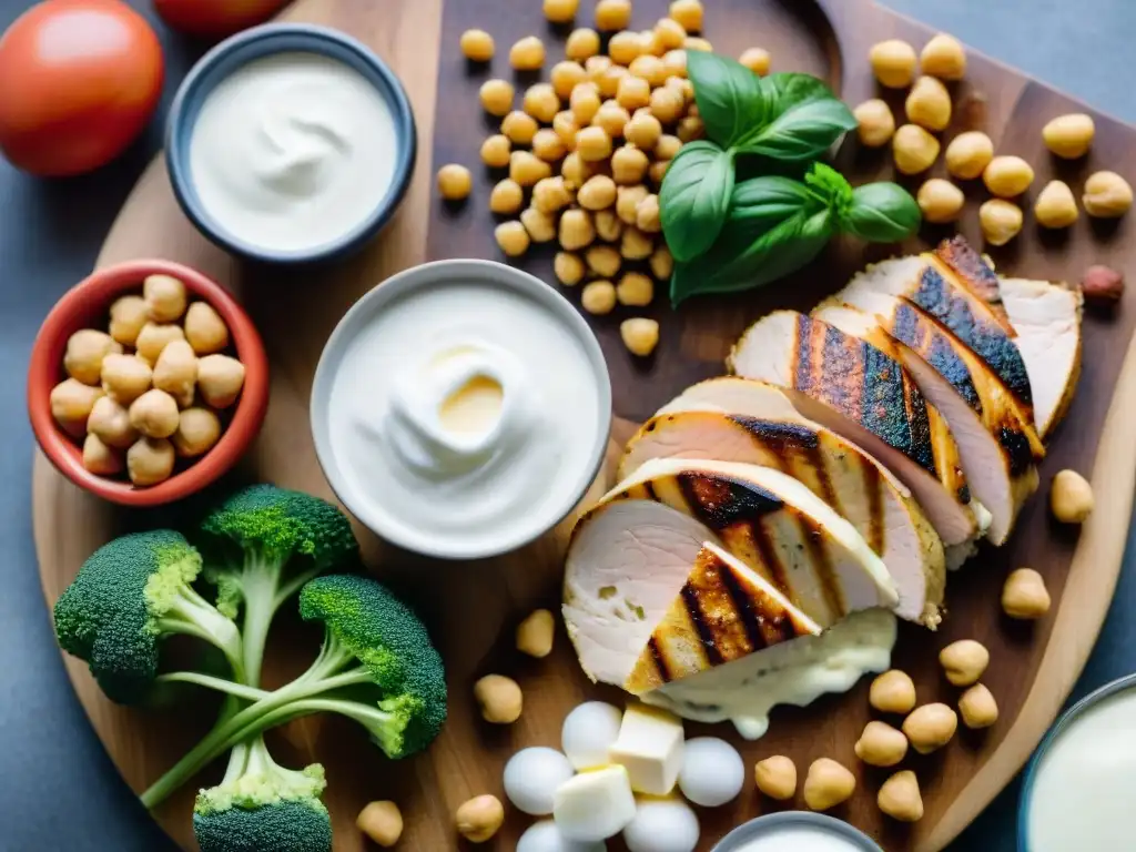 Una selección de alimentos sin gluten proteicos para construcción muscular, en una tabla de madera con iluminación suave y ambiente de cocina moderna