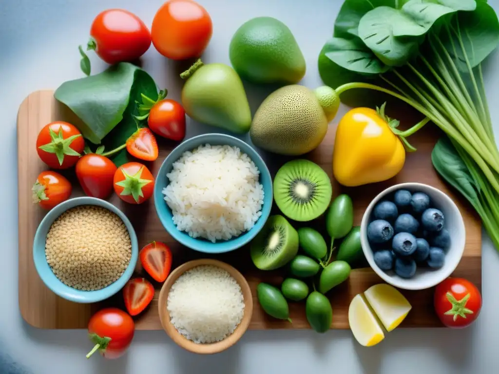 Una selección colorida de alimentos para dieta FODMAP baja en gluten en tabla de madera