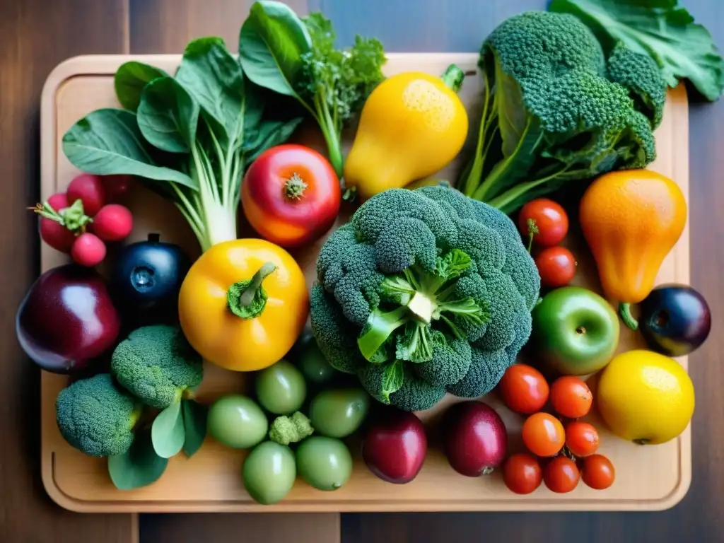 Una selección colorida de frutas y verduras frescas en una tabla de madera, resplandeciendo bajo la luz natural