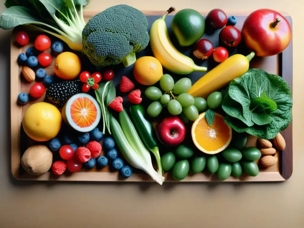 Una selección colorida de frutas y verduras frescas en tabla de madera con gotas de agua