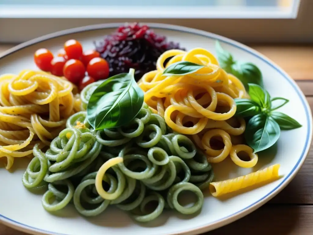 Una selección colorida de recetas pasta sin gluten innovadoras, dispuestas con arte en una mesa rústica