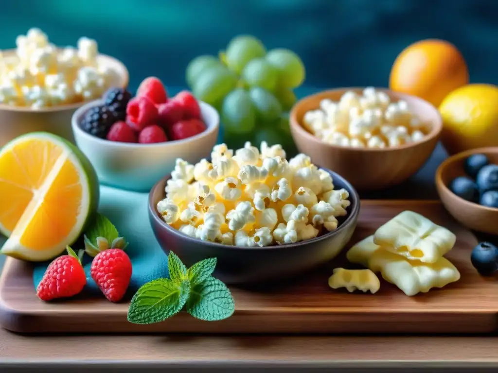 Una selección diversa y colorida de snacks sin gluten en una tabla de madera elegante