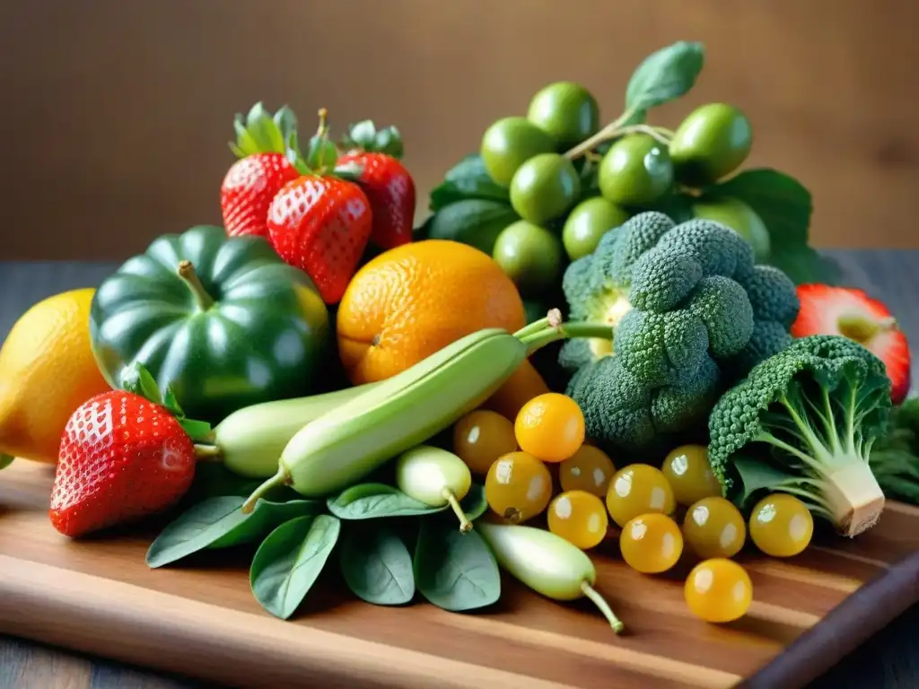 Una selección fresca y colorida de frutas y verduras en tabla de madera, evocando frescura y salud